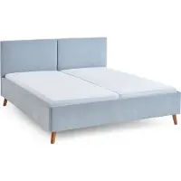 Meise Polsterbett Piano 180x200 cm | Doppelbett | Bettgestell | Kopfteil mit tiefem Einzug | Strukturstoff Hellblau | Holzfuß eichefarbig