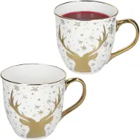 MamboCat 2er Set Jumbobecher 450 ml Porzellan Hirsch Weiß Gold Tee-Tasse Kaffee Glühwein
