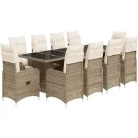 vidaXL 11-tlg. Garten-Bistro-Set mit Kissen Beige Poly Rattan