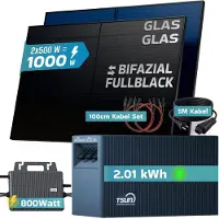 SUNNIVA Balkonkraftwerk 1000W mit TSUN DCU2000Lite 2,01kWh Solarspeicher Wechselrichter inkl.5m Kabel 2x 500W Solarmodule Bifazial Fullblack Glas-Glas
