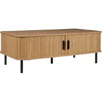 Beliani Couchtisch Hellbraun MDF-Platte mit 2 Schiebetüren Lamellen-Optik Rechteckig Retro Sofatisch Kaffeetisch Wohnzimmer Esszimmer Ausstattung
