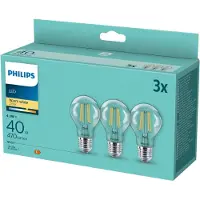 Philips Filament-Lampe, transparent, 40W A60 E27 x3, 4,3 W, 40 W, E27, 470 lm, 15000 h, Warmweiß
