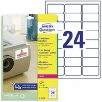 Avery Etiketten L6141-20, extra stark haftend, geeignet für Laserdrucker, 63,5 x 33,9 mm, 480 Stück/20 A4-Bogen, Polyesterfolie, weiß