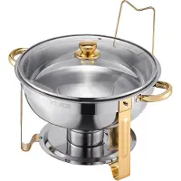 Vevor Chafing Dish Buffet Speisenwärmer mit 4 Behältern in voller Größe (4,7 L), runder Catering-Wärmespender mit Glasdeckel & Wasserpfanne & klappbarer Ständer, für Hochzeiten Buffet Gold