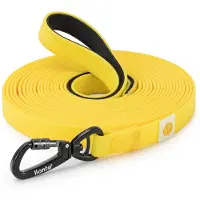 Lionto Schleppleine für Hunde 15 m, strapazierfähig & wasserdicht mit weicher Neopren-Handschlaufe und Drehkarabiner, gelb