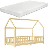 En.casa Kinderbett ’Sisimiut’ in Haus-Optik mit Matratze und Rausfallschutz Kiefernholz 90 x 200 cm Holzfarben