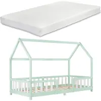 En.casa Kinderbett ’Sisimiut’ in Haus-Optik mit Matratze und Rausfallschutz Kiefernholz 90 x 200 cm Mint / Weiß