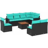 vidaXL 9-teiliges Gartensofa-Set mit Kissen, schwarzes Polyrattan