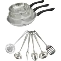 Fackelmann Set aus 3 Edelstahl-Bratpfannen (20, 24 und 28 cm) und 6 Edelstahl-Küchenhelfern von Geneva