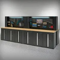 Datona Werkbank PRO Eiche – 12 Aufbewahrungsschränke – 4 Werkzeugschränke – 400 cm – Schwarz