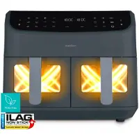 Medion P20 XXL Heißluftfritteuse mit 2 Kammern (8,7 Liter, Airfryer, 2.600 Watt, Doppelkammer, 10 Automatikprogramme, 2 Schubladen, Sichtfenster, Dualer Airfryer, ILAG PFAS-frei, MD11760) matt grau