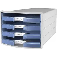 HAN Schubladenbox Impuls 2.0, 4 Schubladen, Format A4, stapelbar, offen, grau/transparent-blau