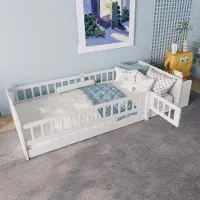 TavilaEcon Kinderbett aus Kiefernholz mit offenem Regal, Einlegeböden & flexiblem Zauntür-Design, Weiß, 90x200cm