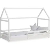 Homestyle4u Kinderbett 90x200 mit Lattenrost mit Rausfallschutz Hausbett Weiß Bodenbett