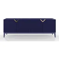 Visby Demi Kommode Mit Gefrästen Fronten / Massive Buche / TV-Lowboard Mit 4 Türen / TV-Schrank Mit Dekorativen Fronten Und Goldgriffen / 200 Cm / Marineblau
