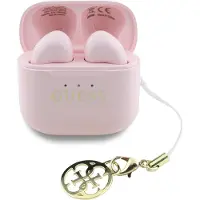 GUESS TWS-Kopfhörer mit glänzendem Effekt, bedruckt mit klassischem Logo und Anhänger in Pink