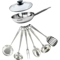 Fackelmann Topf-Set, 24 cm, aus Edelstahl, mit Glasdeckel und 6 Edelstahl-Küchenhelfern von Eterna
