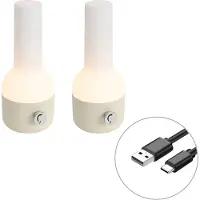 QAZQA Set mit 2 Outdoor Tischleuchten Beige mit Weiß inkl wiederaufladbarem LED Haard