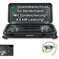 BlueCraft Camping-Gas-Kocher Mobi 2-flammig, anthrazit- grau mit Zündsicherung, Gasschlau...