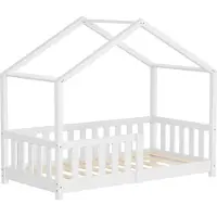 ML-Design Kinderbett Hausbett 70x140 cm Weiß, Holzbett mit Rausfallschutz Lattenrost und Dach Spielbett aus massivem Kiefernholz für Kinder Bodenbett