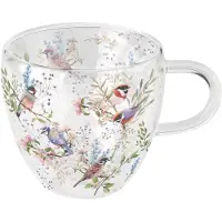 Ambiente Tasse mit Vogel & Blumen Design 10cm Glas doppelwandig - 0,2L Glastasse Glasgeschirr Kaffeeglas Teeglas Kaffeetasse Teetasse Kakaotasse