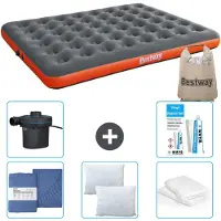 OEM Luftbett für zwei Personen - 152 x 203 x 22 cm - Grau/Orange - mit Bettwäsche - Kopfkissen - Kopfkissenschutz - Pumpe und Reparaturset