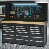 Datona PRO Werkbank 200 cm – Eiche – 18 Schubladen und abschließbarer Lochwandschrank – schwarz