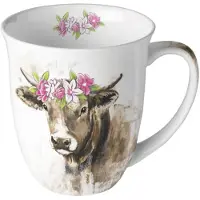 Ambiente Tasse 10cm Porzellan Kuh mit Blumenkranz Motiv - 0,4L Keramiktasse Porzellangeschirr Kaffeetasse Teetasse Kakaotasse Porzellantasse weiß braun