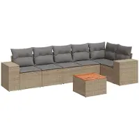 vidaXL 7-tlg. Garten-Sofagarnitur mit Kissen Beige Poly Rattan