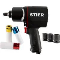 Stier Druckluft Schlagschrauber 17-BBS, Satz 8-teilig, max. Lösemoment 1.756 Nm, Kraft-Steckschlüsseleinsatz 1/2 Zoll, Stecknippel 1/4 Zoll, 3 Geschwindigkeitsstufen