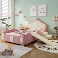 Flieks Kinderbett 90x200cm mit Rutsche und Treppe, Bodenbett Prinzessinbett mit Kronenförmigem Kopfteil, Polsterbett mit Rausfallschutz, PU, Rosa