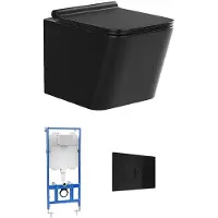 Vente-unique Sparset - Wand-WC aus mattschwarze Keramik mit optionalem Trägergestell & runder Betätigungsplatte - CLEMONA