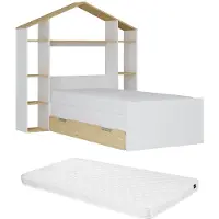 Vente-unique Hausbett + Matratze - 90 x 190 cm - Weiß & Holzfarben - JERACO