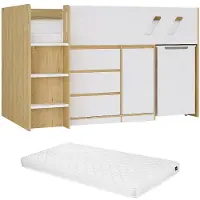 Vente-unique Kombi-Bett 90 x 190 cm - Mit Schreibtisch & Stauraum - Holzfarben & Weiß + Matratze - SAGITI