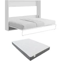 Vente-unique Versteckbett 140 x 200 cm - Manuelle horizontale Öffnung - Weiß und grau + Matratze - MALINA II