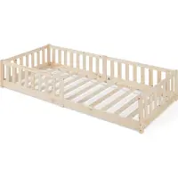 En.casa Kinderbett ’Tanna‘ Bodenbett 90 x 200 cm Montessori Bett mit Rausfallschutz Kiefernholz Natur