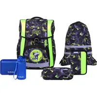 MCNEILL Schulranzen Bravo Schoolbag Set 9-teilig Dinopark schwarz neongrün