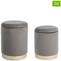 Bizzotto Pouf Polina 2er-Set Samt, modern mit Stauraum und abnehmbarem Deckel, grau, goldfarbenes Gestell