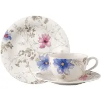 Villeroy & Boch Kaffeeservice "Mariefleur Gris Basic", (Set, 18 tlg., 6x Kaffeetasse 250ml, 6x Untertasse 16cm, 6x Frühstücksteller 21cm), Made in Germany, Fine China Porzellan