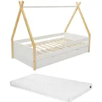 Vente-unique Tipi-Bett 90 x 190 cm mit Schubladen - Kiefernholz und MDF - Weiß und Natur + Matratze - LUANCO