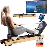 Skandika Rudergerät Rovek | Rudermaschine Holz, Rudergerät für Zuhause klappbar, Magnetwiderstand mit 32 Stufen, Kinomap App kompatibel, aufstellbar