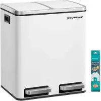 Songmics Mülleimer Küche, 2 x 15 L, Mülltrennsystem, Abfalleimer aus Metall, Treteimer mit Inneneimern und Griffen, Mülltrennung, Softclose, luftdicht, weiß LTB30WT