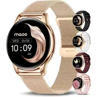 Maoo Ventura AMOLED Smartwatch Damen, RVS und 3x Silikonarmband, Schrittzähler, Herzfrequenzmesser, Schlafmonitor, Multisport, Android & iOS, Roségold