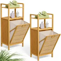 Casaria 2er Set Badregal mit Wäschekorb 40 L Bambus mit Ablage 96x40x30cm