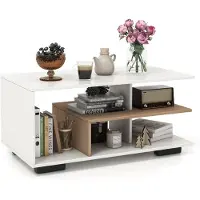Costway Couchtisch mit Stauraum, rechteckiger Wohnzimmertisch im Retro-Stil mit L-förmiger Mittelablage, 3-stufiger geometrischer Akzenttisch Natur