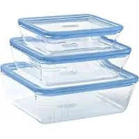 Pyrex Zero Kunststoff-Vorratsgläser, rechteckig, Borosilikatglas, Glasdeckel, ofenfest (1 x 0,8 l + 1 x 1,5 l + 1 x 2,6 l)