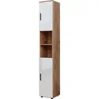 Vicco Badschrank Irma Weiß Hochglanz/Goldkraft Eiche 30 x 192 cm mit Türen, und offenen Fächern, Model 40511