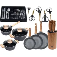 King Topf-Set "Essential 21" Set, 3Töpfe,5Messer,Messerblock,3Pfannen,Etui,Menü-+Kuchenbesteck,5Schere, 51 Stk. tlg. Aluminiumguss