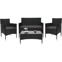 Mendler Poly-Rattan Garnitur HWC-F55, Balkon-/Garten-/Lounge-Set Sofa Sitzgruppe schwarz, Kissen dunkelgrau