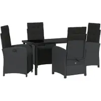 vidaXL Möbel 5-teiliges Garten Esszimmer Set mit Kissen Schwarz Poly-Rattan, Gartentisch Schwarz 140x80x73 cm Tempered Glass - Gartenstühle 3380311